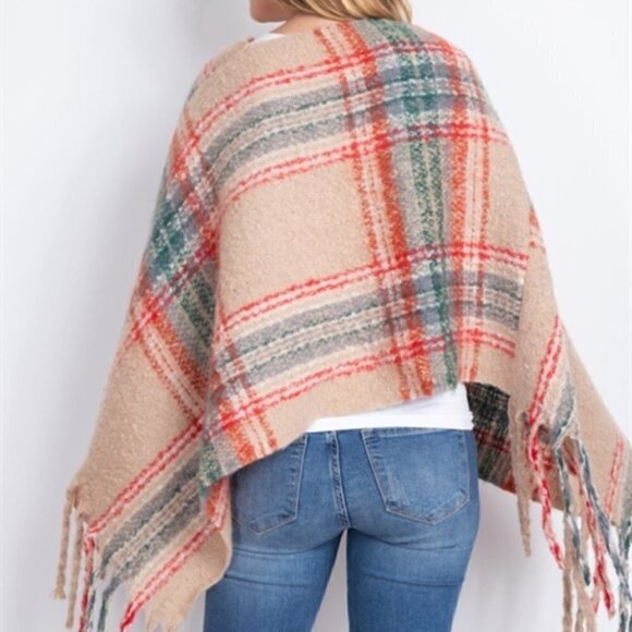 PLAID PRINT FRINGE SWEATER SHAWL PONCHO - Picture 7 of 7